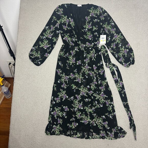 Q + A Los Angeles Maxi Dress Black Floral Ruffle Deep V - Picture 16 of 16